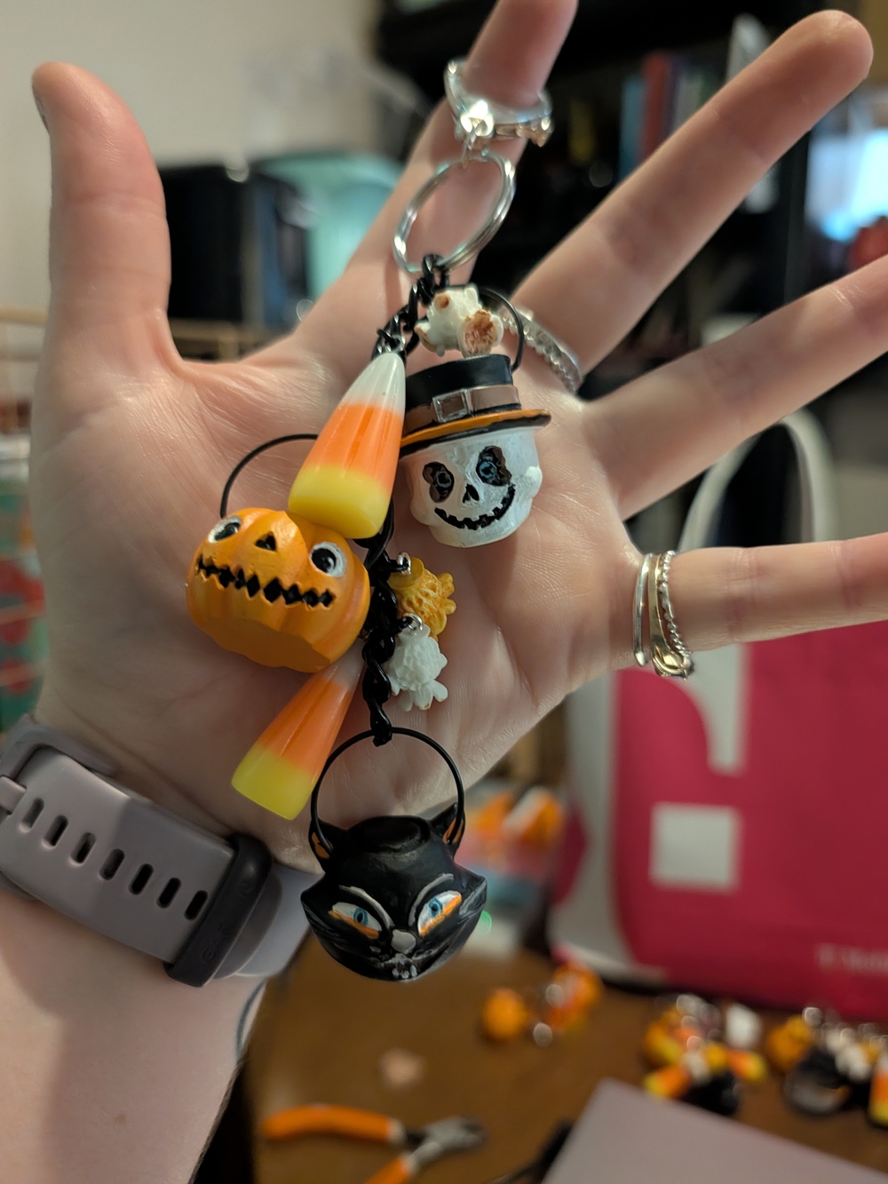 Halloween Keychain Set with White Skull, Orange Pumpkin, Black Cat